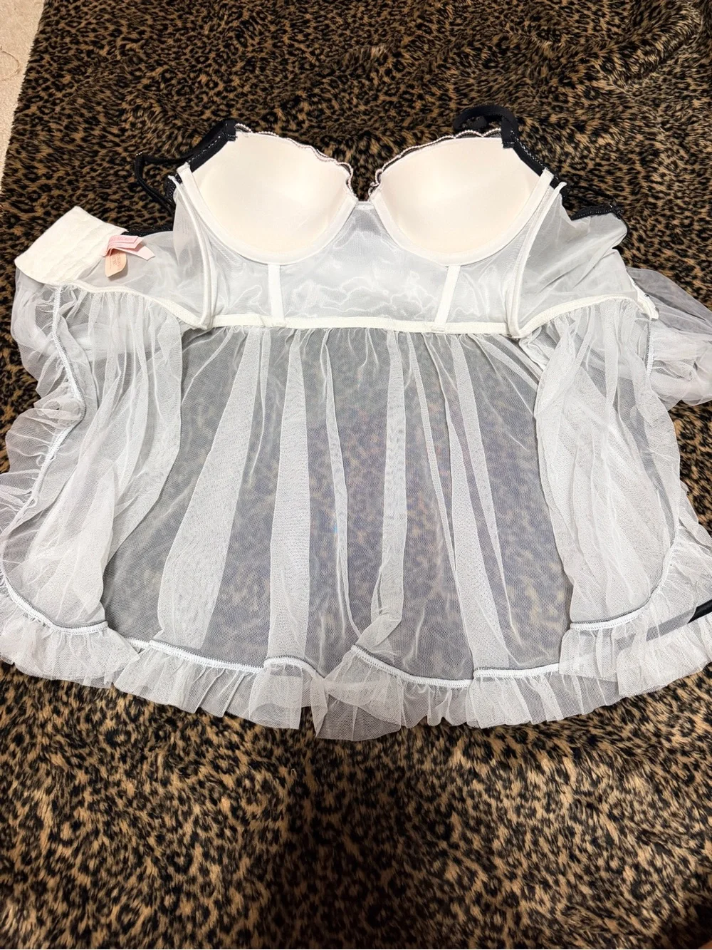 NWT Victoria Secret Sheer White & Pink Babydoll Lingerie with Black Trim